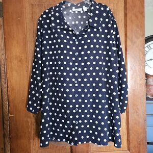 Susan Graver  Plus Size XL‎ Black/Deep Navy Polka Dot Button Up Shirt 3/4 Sleeve